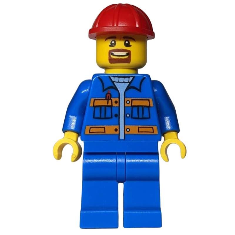 Travailleur - torse bleu, jambes bleues, casque rouge, barbe (Worker - Blue Torso, Blue Legs, Red Helmet, Beard)