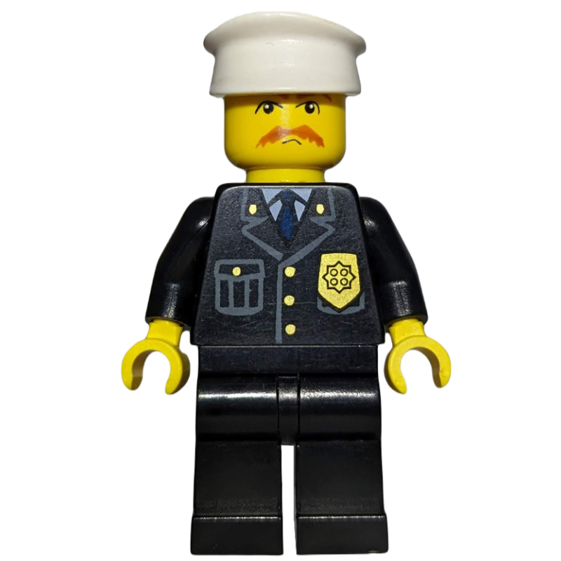 Policier, costume noir avec badge, chapeau blanc, moustache et lunettes (Policeman, Black Suit with Badge, White Hat, Mustache and Glasses)
