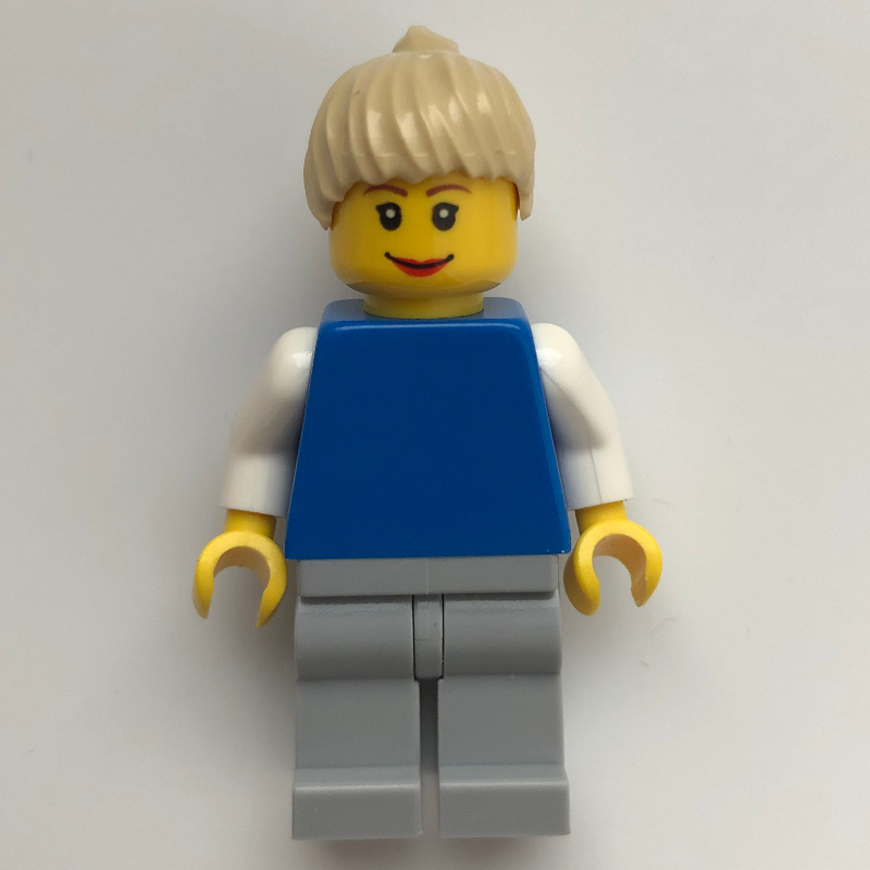 Torse bleu, jambes gris bleuté clair, cheveux beige (Blue Torso, Light Bluish Gray Legs, Tan Hair)