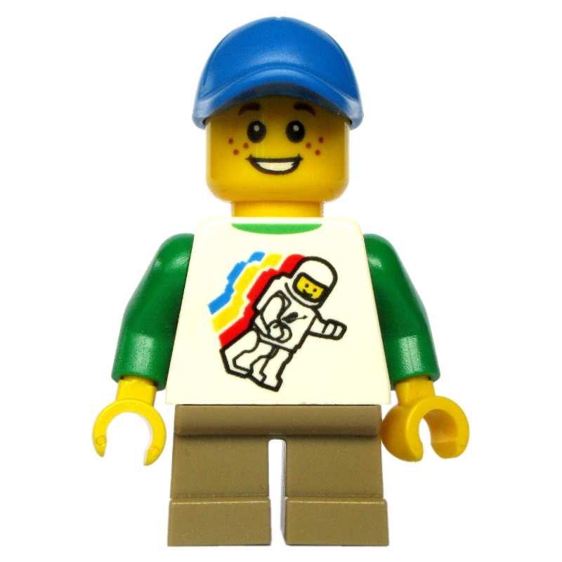 Kid - torse blanc, figurine de l'espace classique, jambes beige foncées, casquette bleue (Kid - White Torso, Classic Space Figure, Dark Tan Legs, Blue Cap)