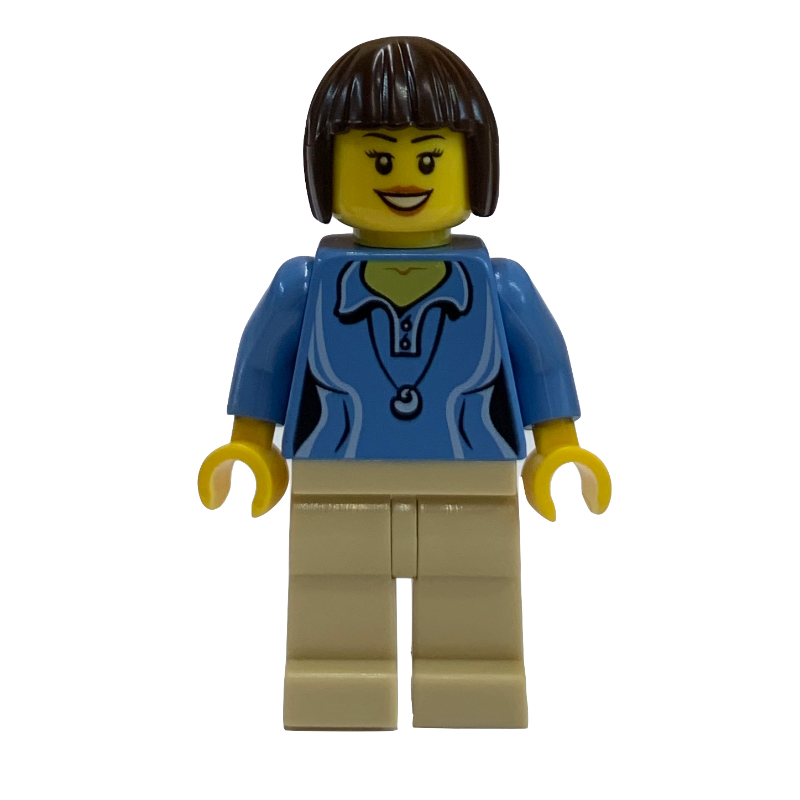 Torse bleu moyen, jambes beige, cheveux brun foncé (Medium Blue Torso, Tan Legs, Dark Brown Hair)