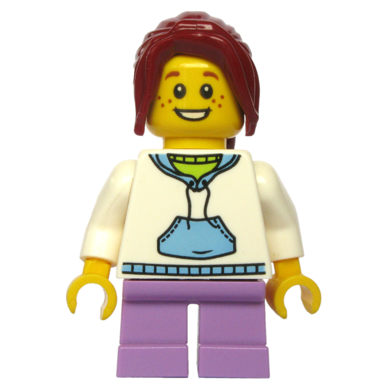Kid - torse blanc, jambes de lavande moyenne, cheveux rouge foncé (Kid - White Torso, Medium Lavender Legs, Dark Red Hair)