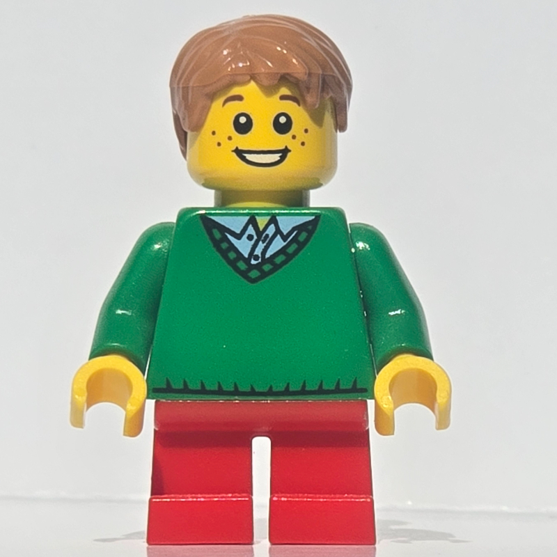 Kid - torse vert, jambes rouges, cheveux nougat moyen (Kid - Green Torso, Red Legs, Medium Nougat Hair)