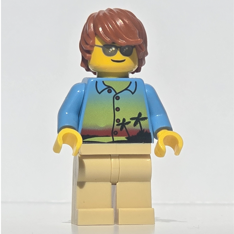 Torse bleu moyen, jambes beiges, cheveux orange foncé, lunettes de soleil (Medium Blue Torso, Tan Legs, Dark Orange Hair, Sunglasses)