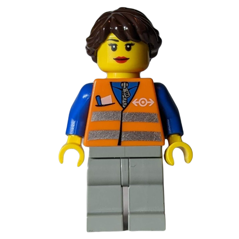 Train worker - torse orange, jambes gris bleuté clair, cheveux brun foncé (Train Worker - Orange Torso, Light Bluish Grey Legs, Dark Brown Hair)