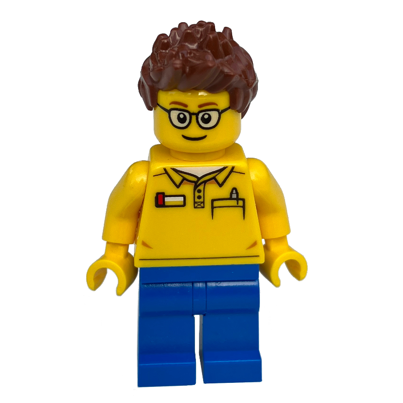 Torse jaune, jambes bleues, cheveux brun rougeâtre (Yellow Torso, Blue Legs, Reddish Brown Hair)