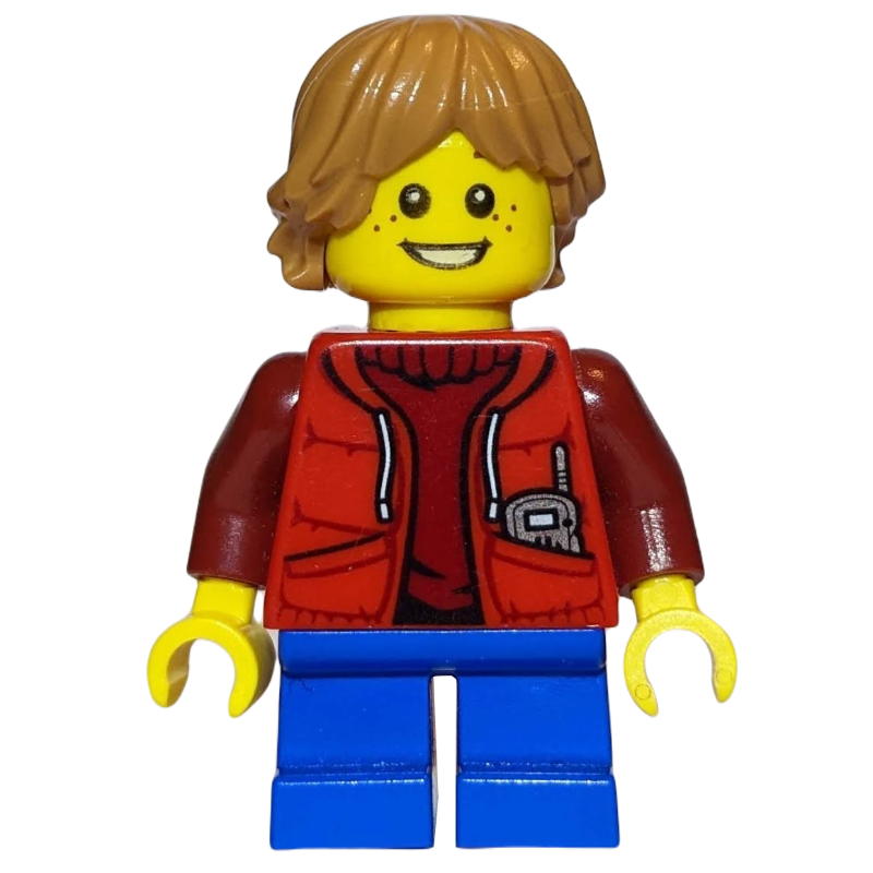 Kid - torse rouge, jambes bleues, cheveux nougat moyen (Kid - Red Torso, Blue Legs, Medium Nougat Hair)