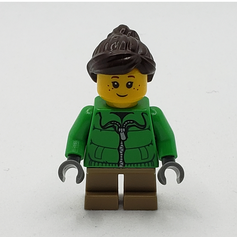Kid - torse vert, jambes beige foncé, cheveux brun foncé (Kid - Green Torso, Dark Tan Legs, Dark Brown Hair)