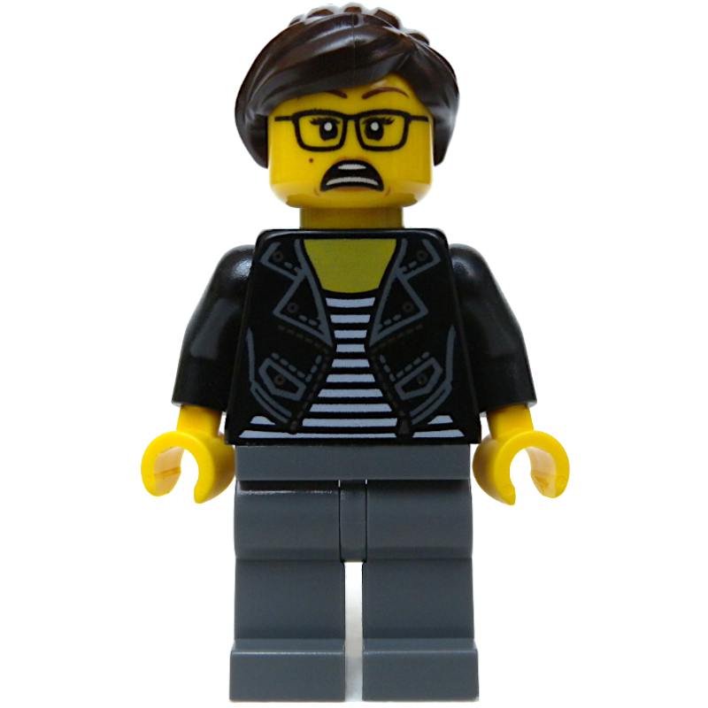 Torse noir, jambes gris bleuâtre foncé, cheveux brun foncé (Black Torso, Dark Bluish Grey Legs, Dark Brown Hair)