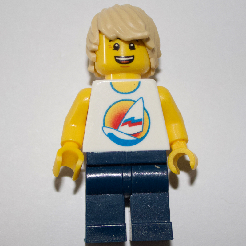Torse blanc, jambes bleu foncé, cheveux beiges (White Torso, Dark Blue Legs, Tan Hair)