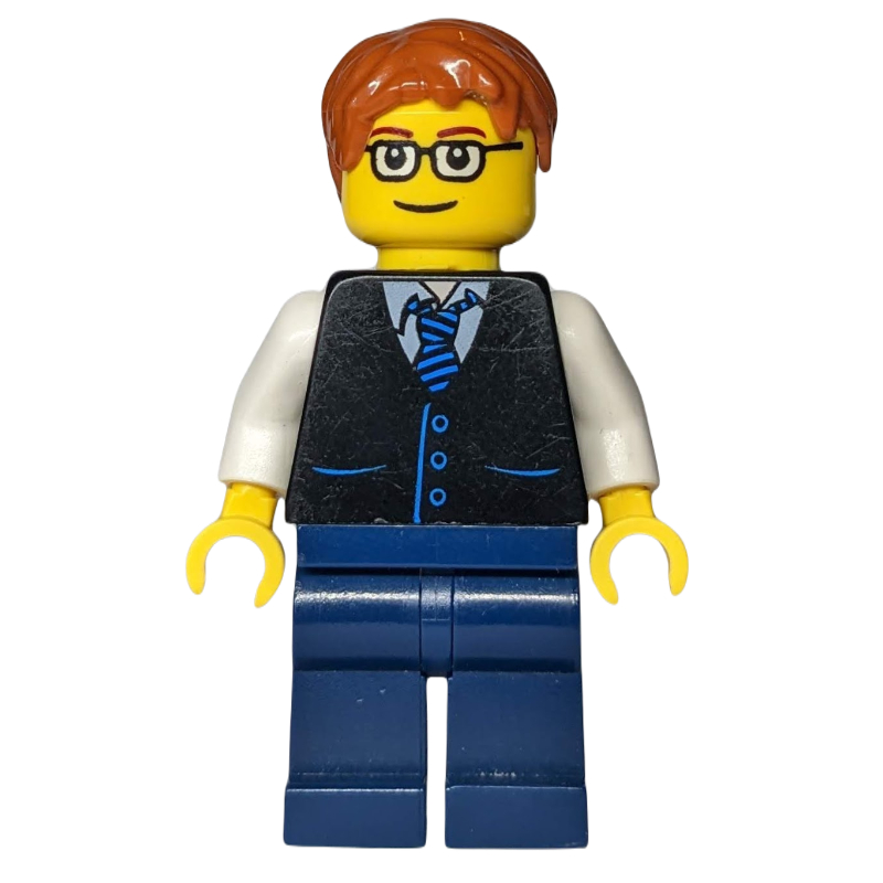 Torse noir, jambes bleu foncé, cheveux orange foncé - lunettes carrées (Black Torso, Dark Blue Legs, Dark Orange Hair - Squared Glasses)