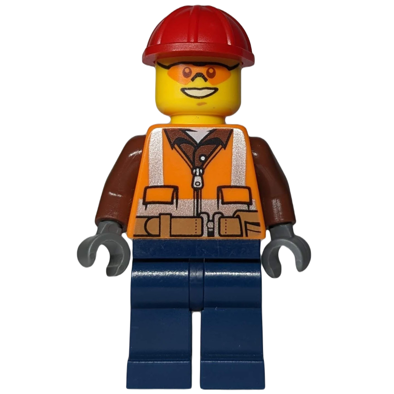 Travailleur de la construction, gilet de sécurité orange avec fermeture à glissière sur chemise brun rougeâtre, jambes bleu foncé, casque de chantier rouge, lunettes de sécurité orange (Construction Worker, Orange Safety Vest with Zipper over Reddish Brown Shirt, Dark Blue Legs, Red Hard Hat, Orange Safety Glasses)