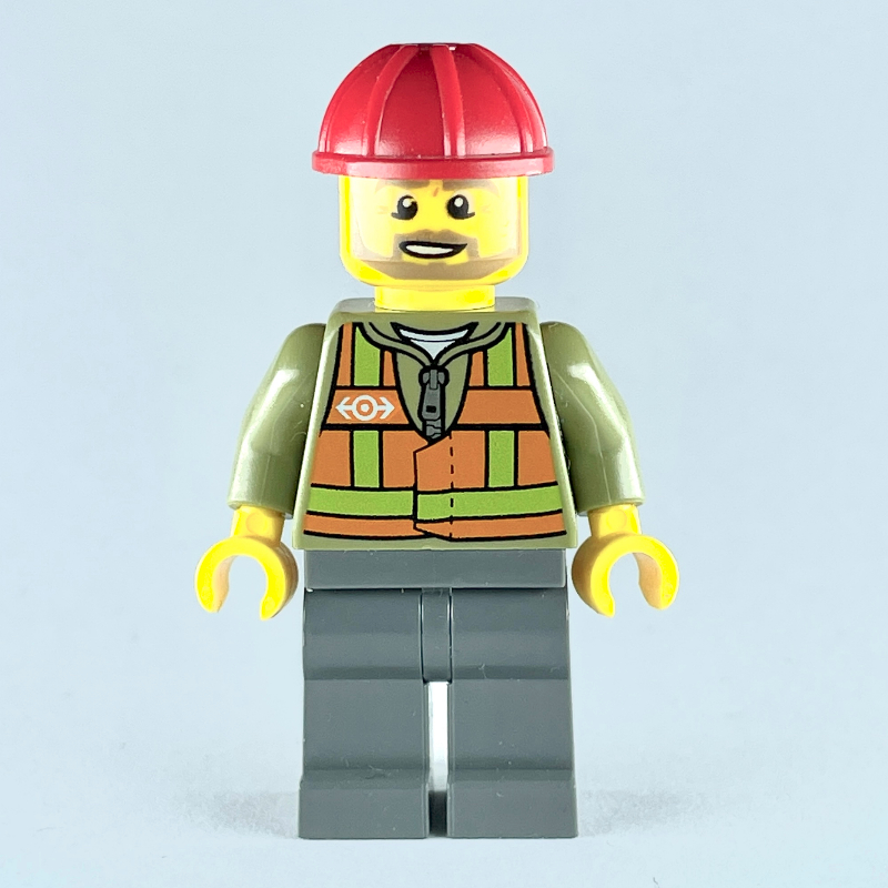Ouvrier du train, gilet de sécurité orange avec logo du train sur sweat à capuche vert olive, jambes gris bleuté foncé, casque de chantier rouge, barbe (Train Worker, Orange Safety Vest with Train Logo over Olive Green Hoodie, Dark Bluish Gray Legs, Red Hard Hat, Beard)