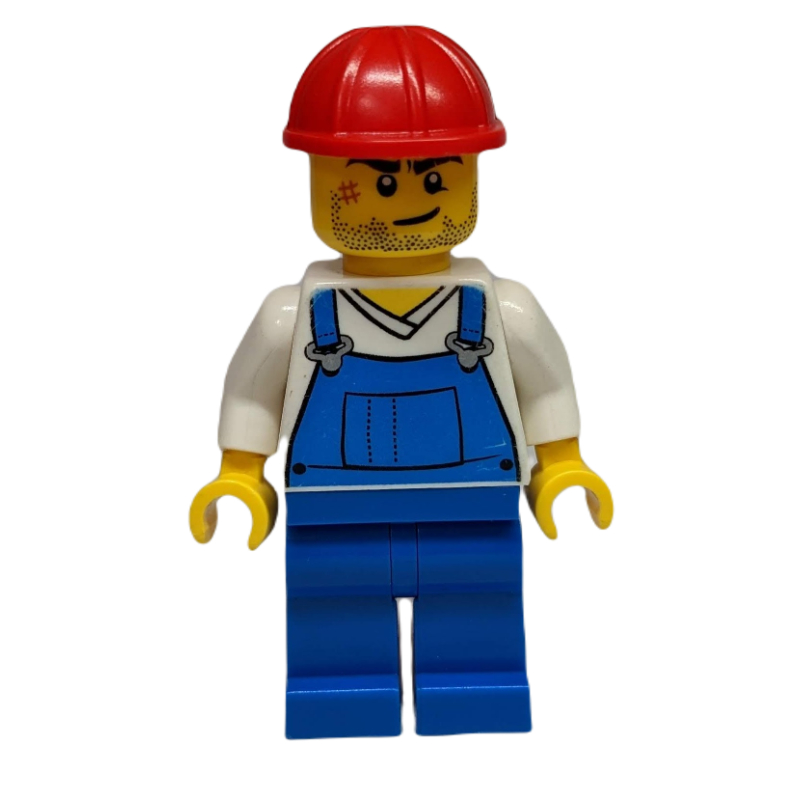 Homme, salopette bleue sur chemise blanche à col en V, casque de chantier rouge, barbe naissante et cicatrice (3626b tête) (Man, Blue Overalls over White V-Neck Shirt, Red Hard Hat, Stubble and Scar (3626b Head))