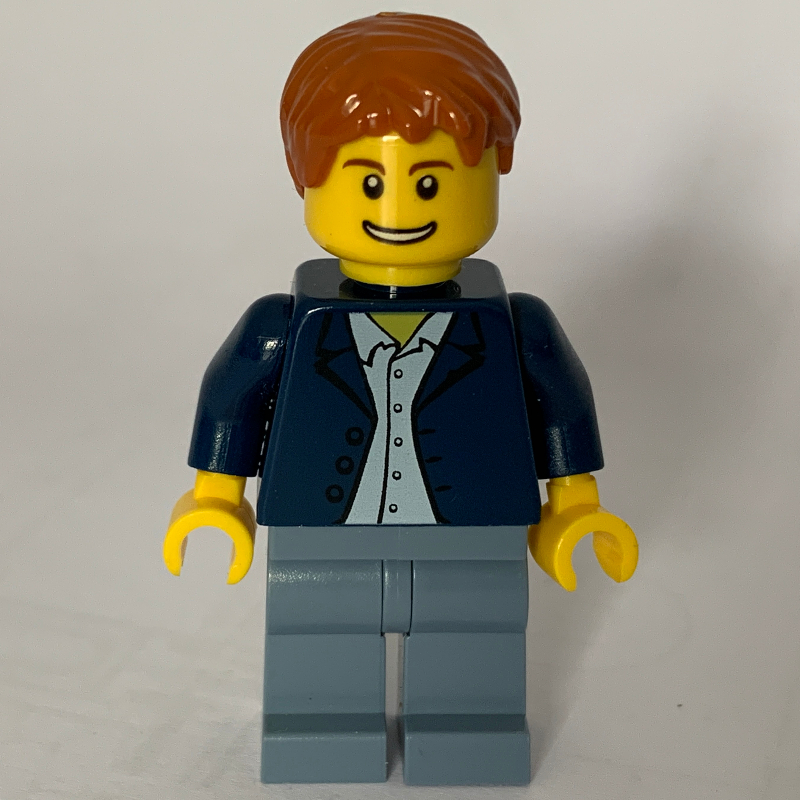 Homme, veste bleu foncé ouverte, jambes bleu sable, cheveux orange foncé (Man, Open Dark Blue Jacket, Sand Blue Legs, Dark Orange Hair)