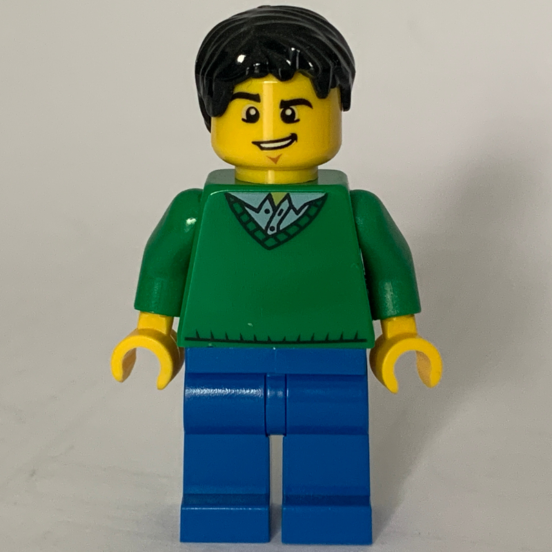 Homme, chandail vert à col en V, jambes bleues, cheveux noirs (Man, Green V-Neck Sweater, Blue Legs, Black Hair)