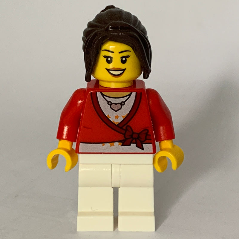 Femme, cardigan noué avec noeud et collier, jambes blanches, cheveux brun foncé (Woman, Cardigan Tied with Bow and Necklace, White Legs, Dark Brown Hair)