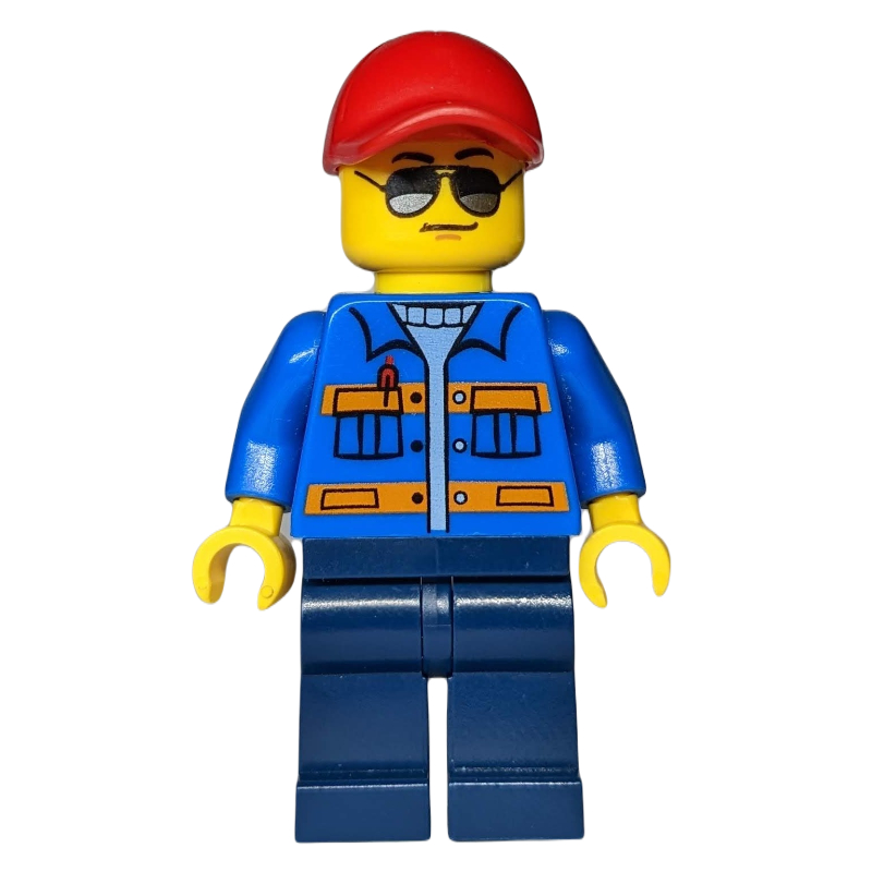 Homme, veste bleue avec des rayures orange, jambes bleu foncé, casquette rouge, lunettes de soleil - pas de motif imprimé dos (Man, Blue Jacket with Orange Stripes, Dark Blue Legs, Red Cap, Sunglasses - No Back Print)