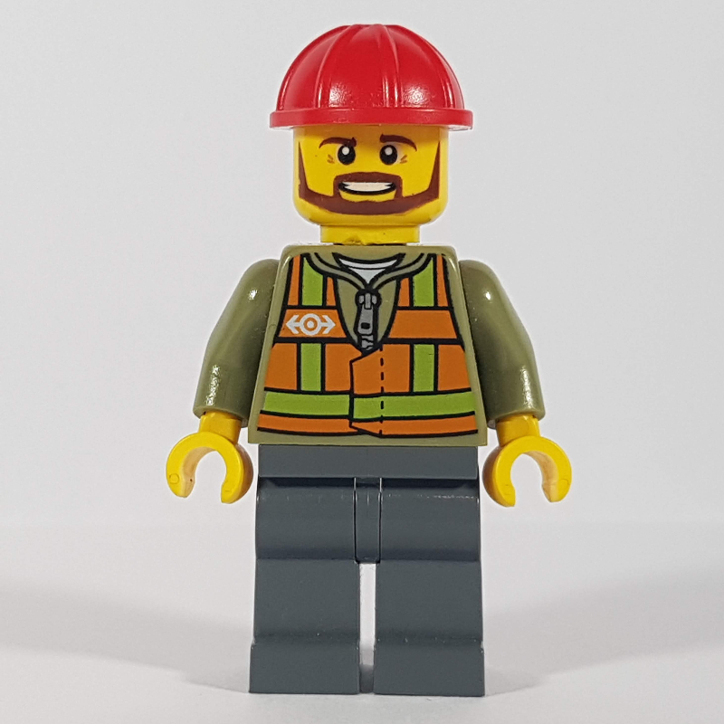 Ouvrier de train, gilet de sécurité orange avec logo de train sur sweat à capuche vert olive, jambes gris bleuâtre foncé, casque de chantier rouge, barbe brune (Train Worker, Orange Safety Vest with Train Logo over Olive Green Hoodie, Dark Bluish Gray Legs, Red Hard Hat, Brown Beard)