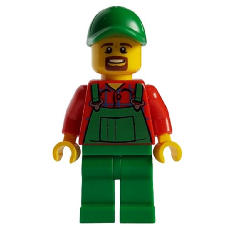 Homme, salopette verte sur chemise rouge, casquette verte, bouc (Man, Green Overalls over Red Shirt, Green Cap, Goatee Beard)