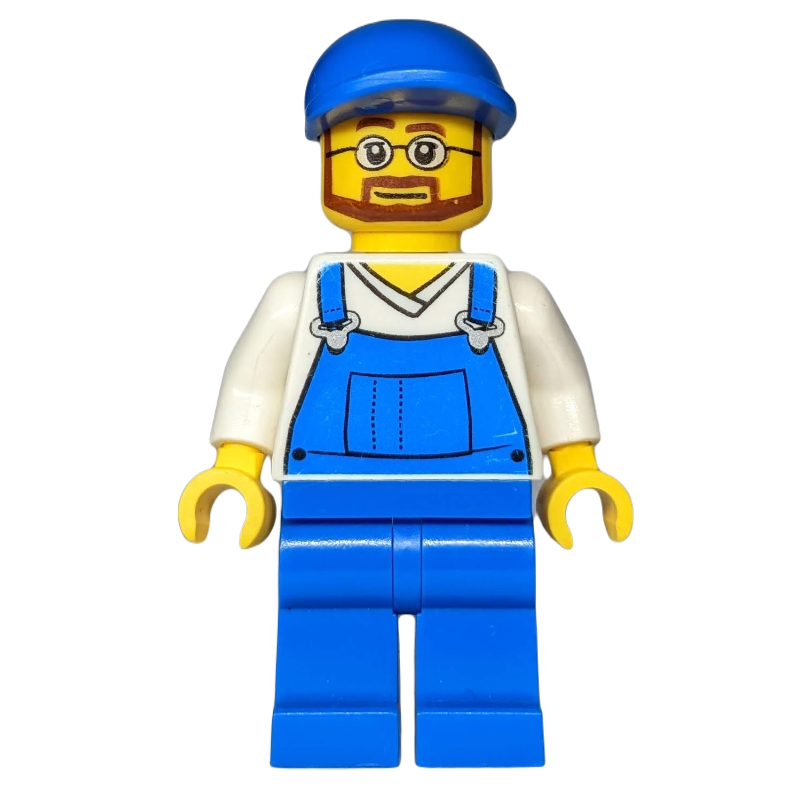 Homme, salopette bleue sur chemise à col en V blanche, casquette bleue, barbe et lunettes (Man, Blue Overalls over White V-Neck Shirt, Blue Cap, Beard and Glasses)