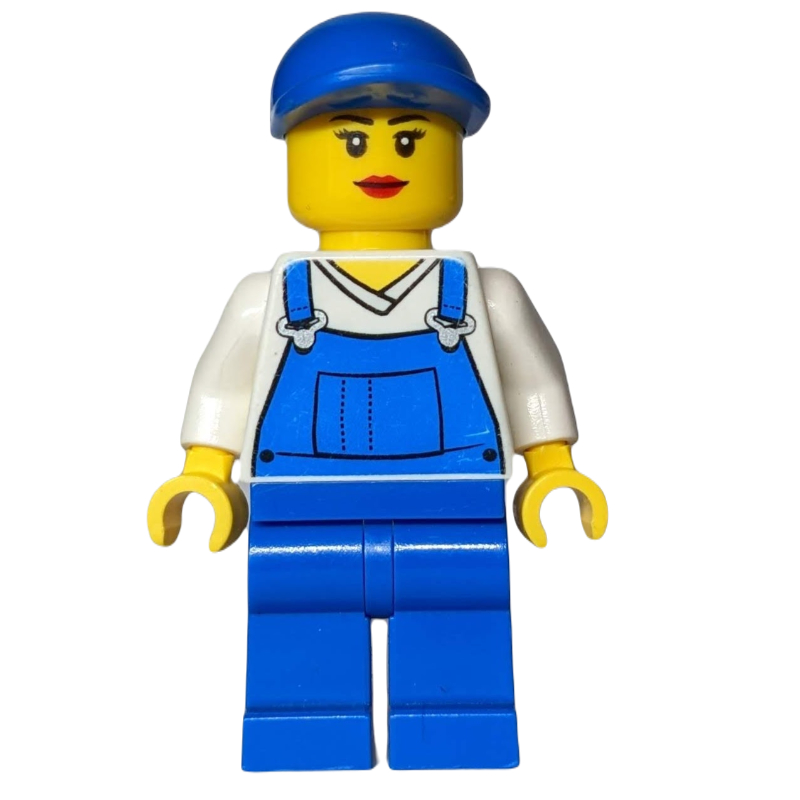 Femme, salopette bleue sur chemise blanche à col en V, casquette bleue (Woman, Blue Overalls over White V-Neck Shirt, Blue Cap)