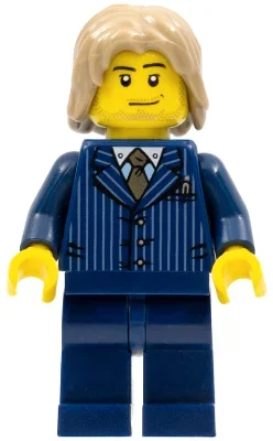 Homme, costume à rayures bleu foncé avec cravate en or, cheveux brun foncé (Man, Dark Blue Pinstripe Suit with Gold Tie, Dark Tan Hair)