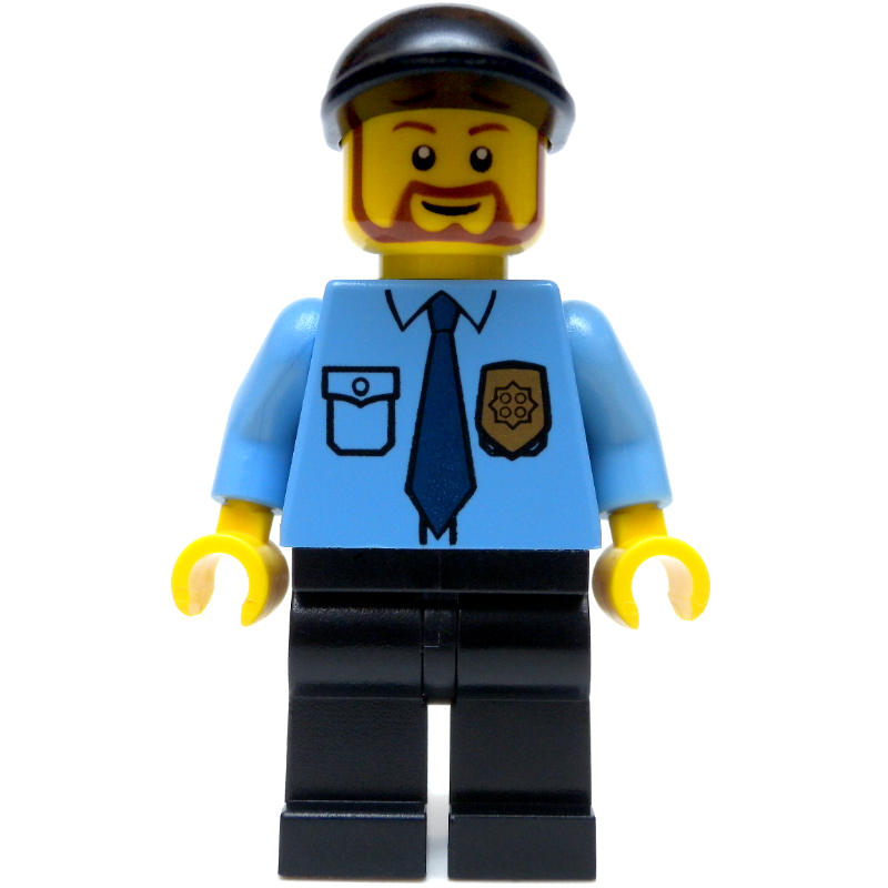 Policier, chemise bleu moyen avec badge et cravate, casquette noire, barbe (Policeman, Medium Blue Shirt with Badge and Tie, Black Cap, Beard)