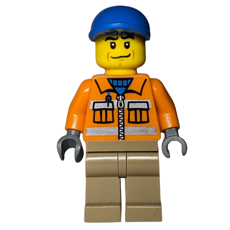 Ouvrier de construction, veste orange avec fermeture à glissière et rayures réfléchissantes, jambes beige foncées, casquette bleue (Construction Worker, Orange Jacket with Zipper and Reflective Stripes, Dark Tan Legs, Blue Cap)