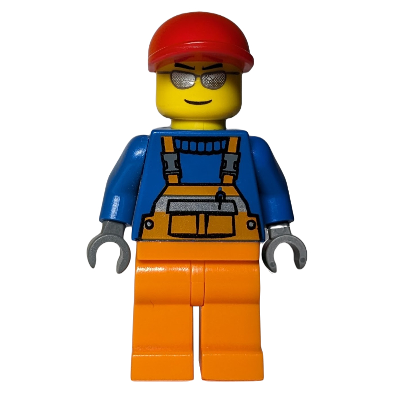 Ouvrier de chantier, salopette orange sur pull bleu, casquette rouge, lunettes de soleil argentées (Construction Worker, Orange Overalls over Blue Sweater, Red Cap, Silver Sunglasses)