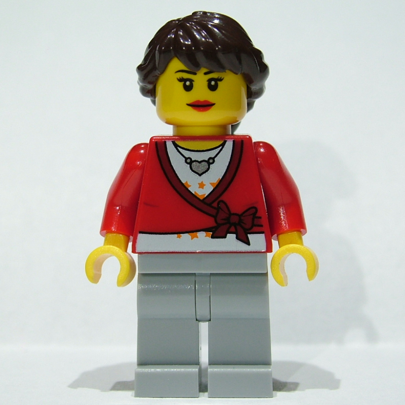 Femme, cardigan noué avec noeud et collier, jambes gris bleuté clair, cheveux brun foncé (Woman, Cardigan Tied with Bow and Necklace, Light Bluish Gray  Legs, Dark Brown Hair)