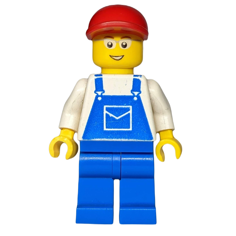 Homme, salopette bleue sur chemise blanche à col en V, casquette rouge, lunettes, 3626bpr0646 tête (Man, Blue Overalls over White V-Neck Shirt, Red Cap, Glasses, 3626bpr0646 Head)