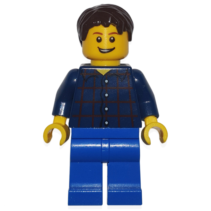 Homme, chemise à carreaux bleu foncé, jambes bleues, cheveux brun foncé (3626b tête) (Man, Dark Blue Plaid Shirt, Blue Legs, Dark Brown Hair (3626b Head))