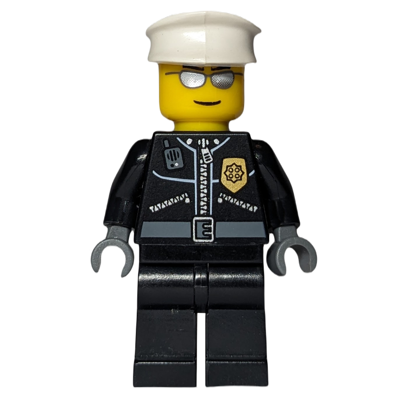 Policier, veste noire avec fermeture éclair et badge, chapeau blanc, lunettes de soleil argentées (Policeman, Black Jacket with Zipper and Badge, White Hat, Silver Sunglasses)