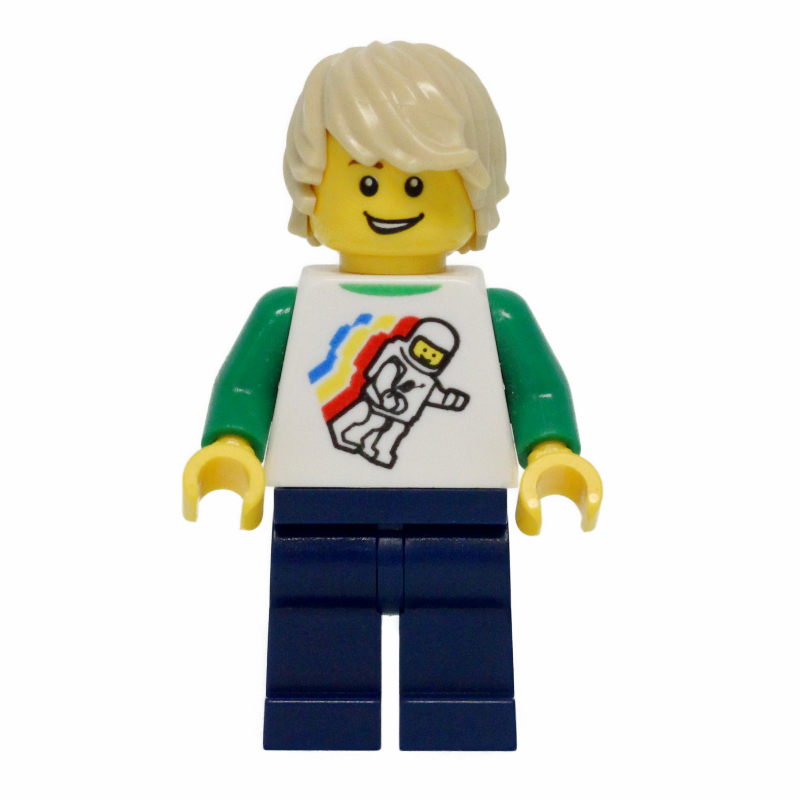 Torse blanc, figurine de l'espace classique, jambes bleu foncé, cheveux beiges (White Torso, Classic Space Figure, Dark Blue Legs, Tan Hair)