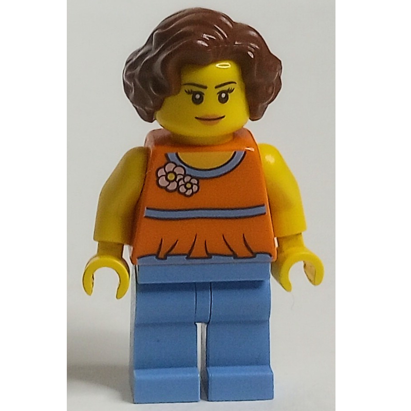 Torse orange, jambes bleu moyen, cheveux brun rougeâtre (Orange Torso, Medium Blue Legs, Reddish Brown Hair)