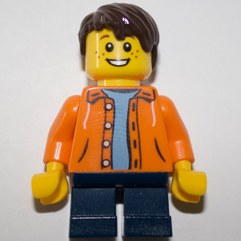 Enfant - torse orange, jambes bleu foncé, cheveux brun foncé (Kid - Orange Torso, Dark Blue Legs, Dark Brown Hair)
