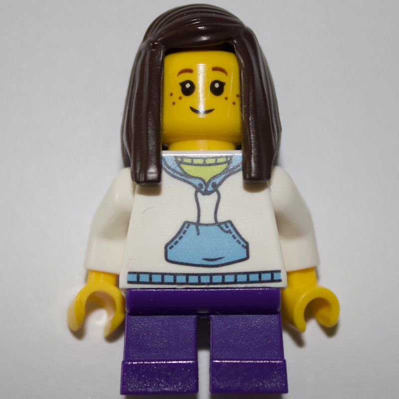 Enfant - torse blanc, jambes violet foncé, cheveux brun foncé (Kid - White Torso, Dark Purple Legs, Dark Brown Hair)
