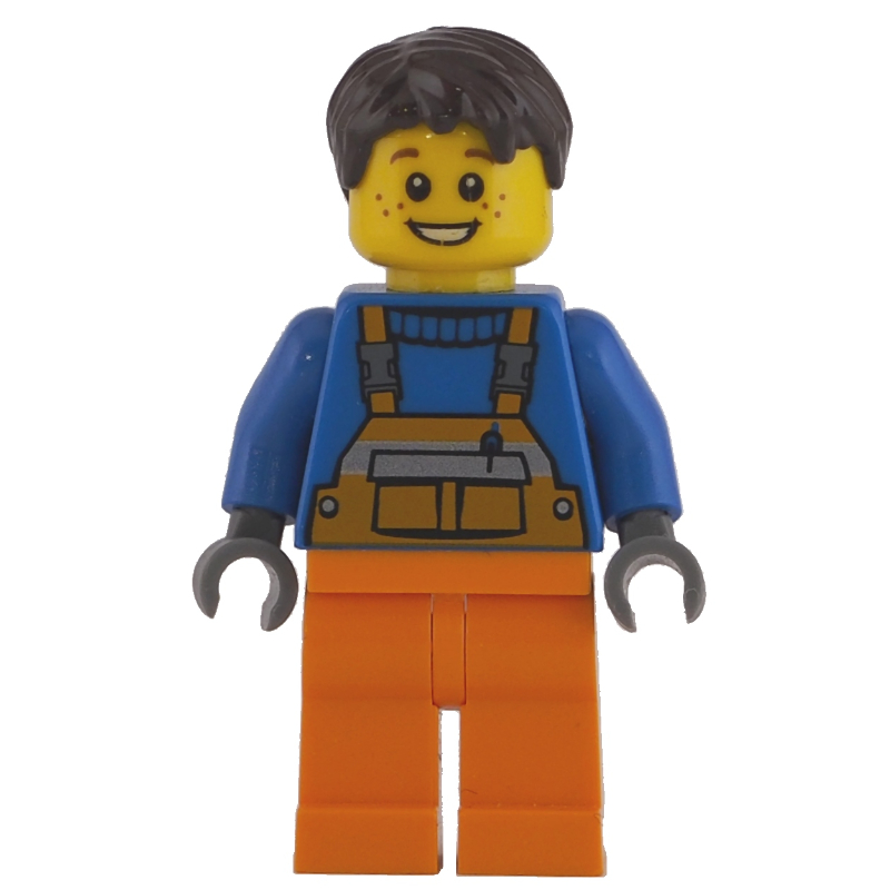 Travailleur - torse bleu, orange ensemble, cheveux brun foncé (Worker - Blue Torso, Orange Overall, Dark Brown Hair)