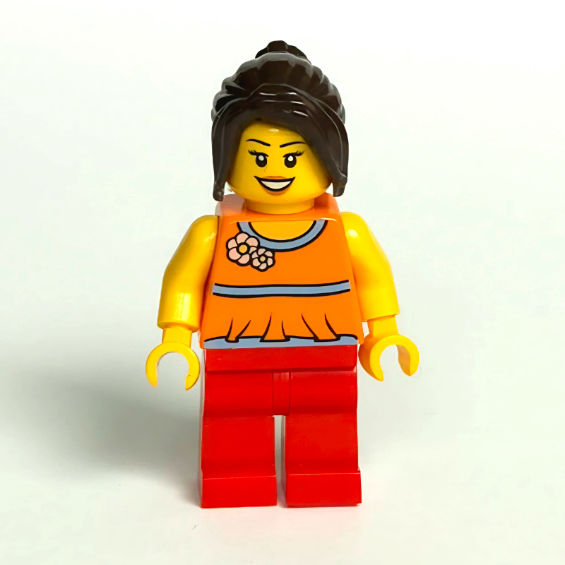 Torse orange, jambes rouges, cheveux brun foncé (Orange Torso, Red Legs, Dark Brown Hair)