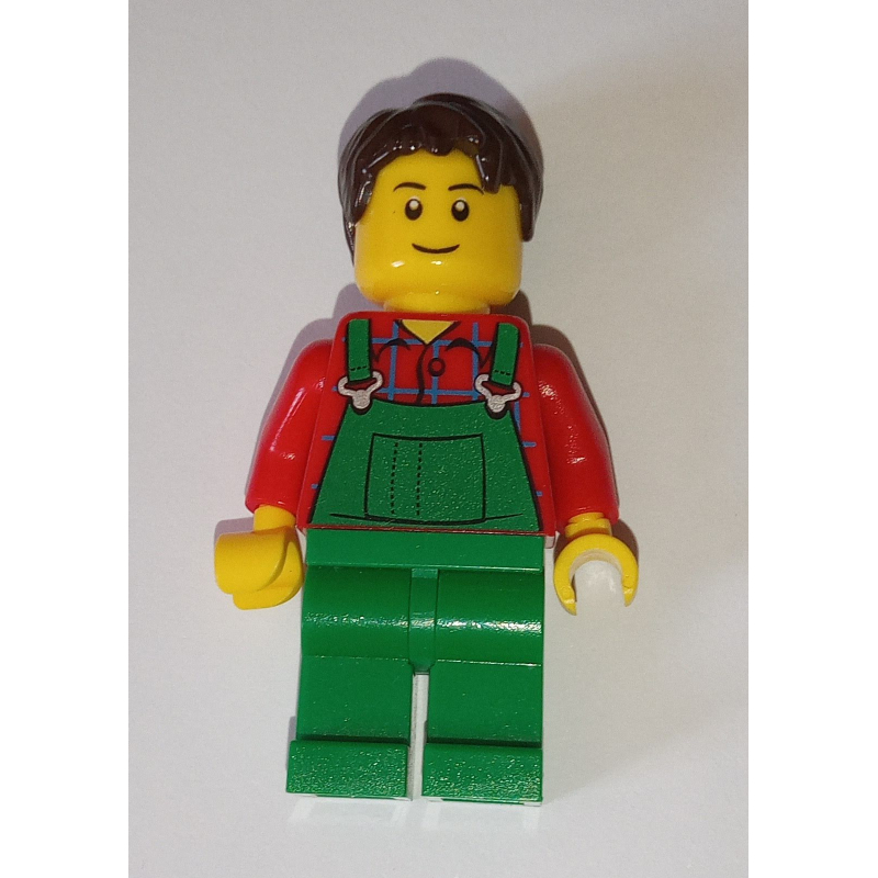 Torse rouge, ensemble vert, cheveux brun foncé (Red Torso, Green Overall, Dark Brown Hair)