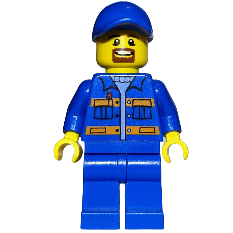 Ouvrier, veste bleue avec rayures orange, jambes bleues, casquette bleue, bouc (Worker, Blue Jacket with Orange Stripes, Blue Legs, Blue Cap, Goatee Beard)