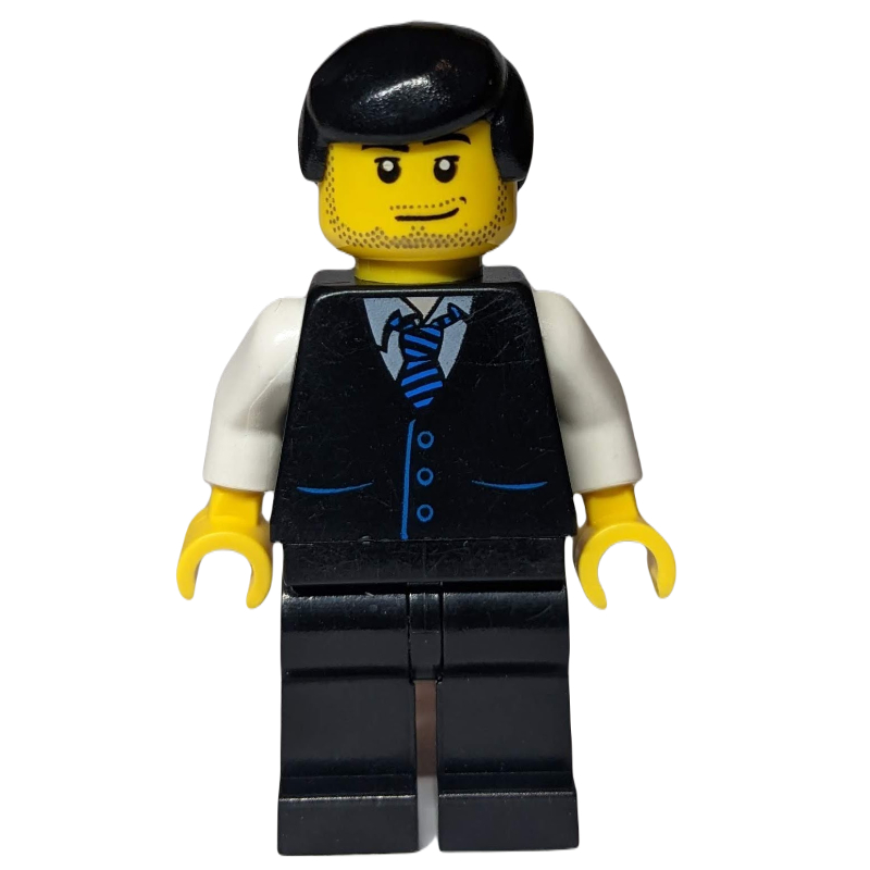 Homme, gilet noir sur chemise blanche avec cravate, jambes noires, cheveux noirs, barbe naissante (Man, Black Vest over White Shirt with Tie, Black Legs, Black Hair, Stubble)
