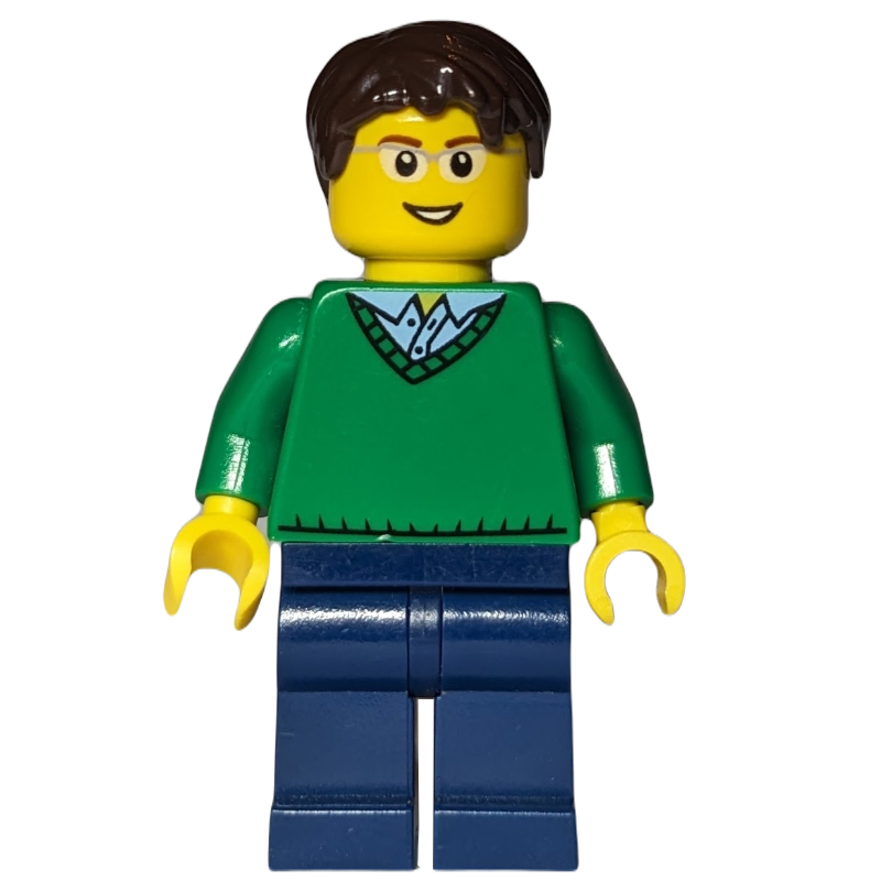 Homme, chandail vert à col en V, jambes bleu foncé, cheveux brun foncé, lunettes (Man, Green V-Neck Sweater, Dark Blue Legs, Dark Brown Hair, Glasses)