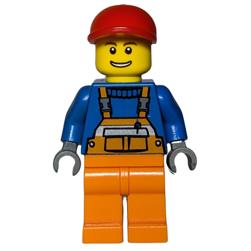 Travailleur de la construction, salopette orange sur pull bleu, casquette rouge (Construction Worker, Orange Overalls over Blue Sweater, Red Cap)