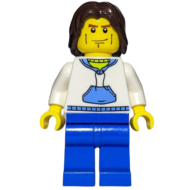 Homme, sweat à capuche blanc et bleu, jambes bleues, cheveux brun foncé (Man, White and Blue Hoodie, Blue Legs, Dark Brown Hair)
