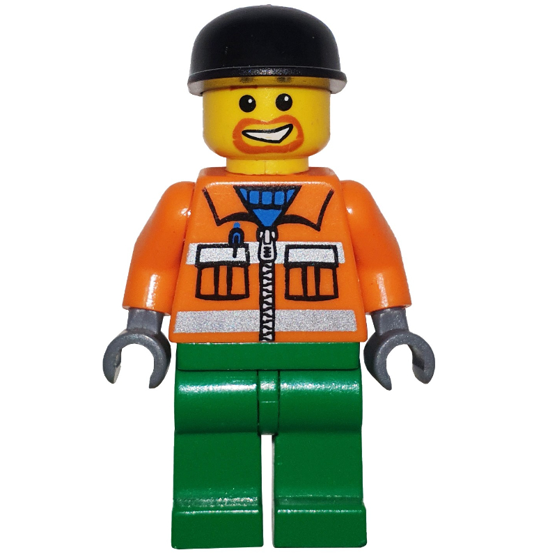 Ouvrier de chantier, veste orange avec fermeture à glissière et rayures réfléchissantes, jambes vertes, casquette noire, bouc (Construction Worker, Orange Jacket with Zipper and Reflective Stripes, Green Legs, Black Cap, Goatee Beard)
