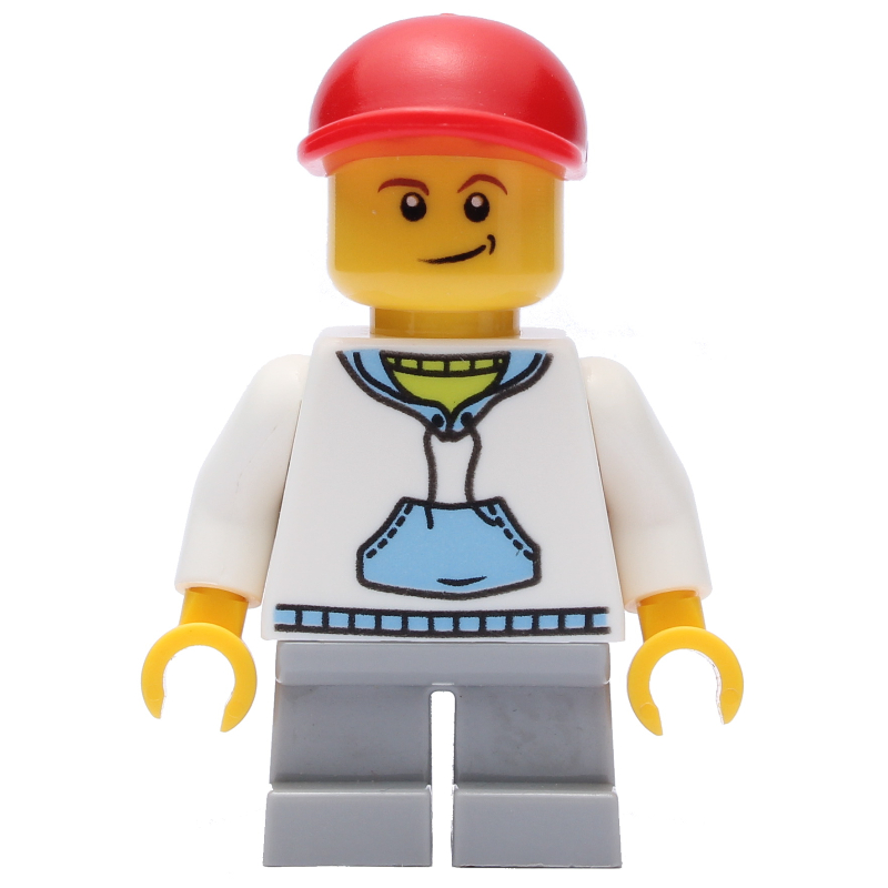 Garçon, sweat à capuche blanc et bleu, courtes jambes gris bleuté clair, casquette rouge (3626b tête) (Boy, White and Blue Hoodie, Short Light Bluish Gray Legs, Red Cap (3626b Head))