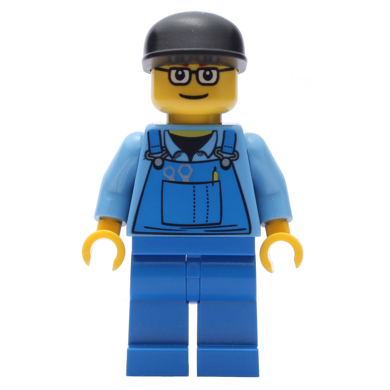 Homme, salopette bleue sur chemise, jambes bleues, casquette noire, lunettes (Man, Blue Overalls over Shirt, Blue Legs, Black Cap, Glasses)