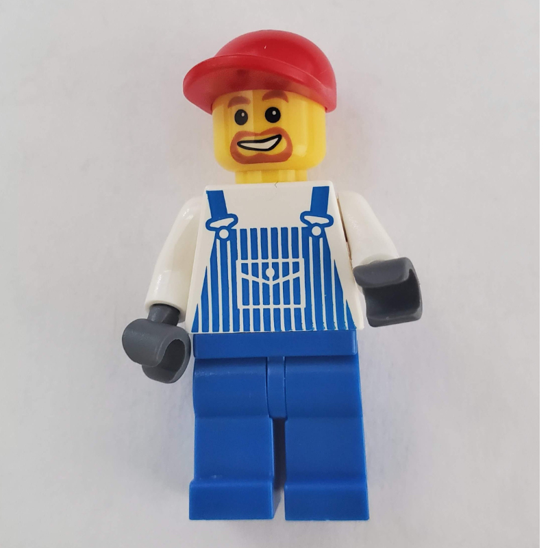 Homme, salopette rayée bleue et blanche, casquette rouge, bouc (Man, Blue and White Striped Overalls, Red Cap, Goatee Beard)